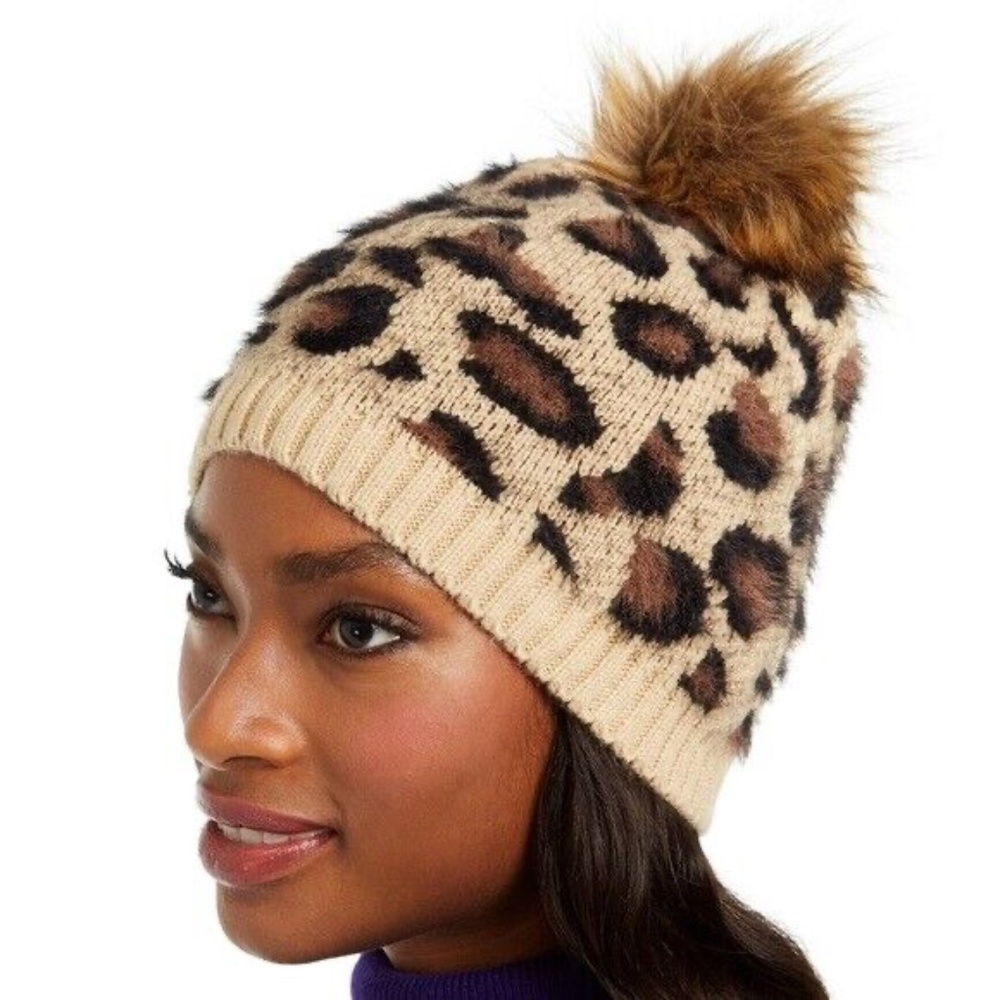 (NWT) INC International Concepts INC Fuzzy Animal-Print Beanie with Faux-Fur Pom